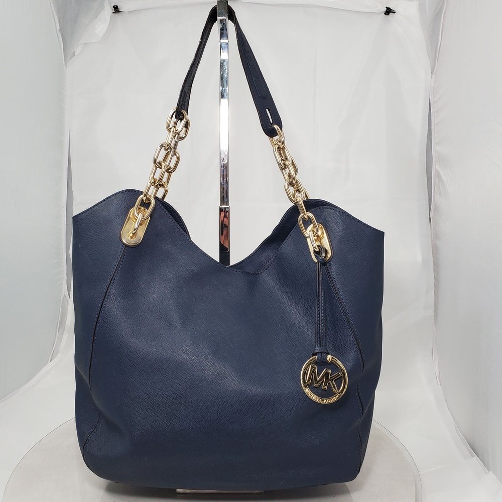 Bad Michael Kors Navy Saffiano Leather Large Chain Shoulder Tote Bag MK Signatur